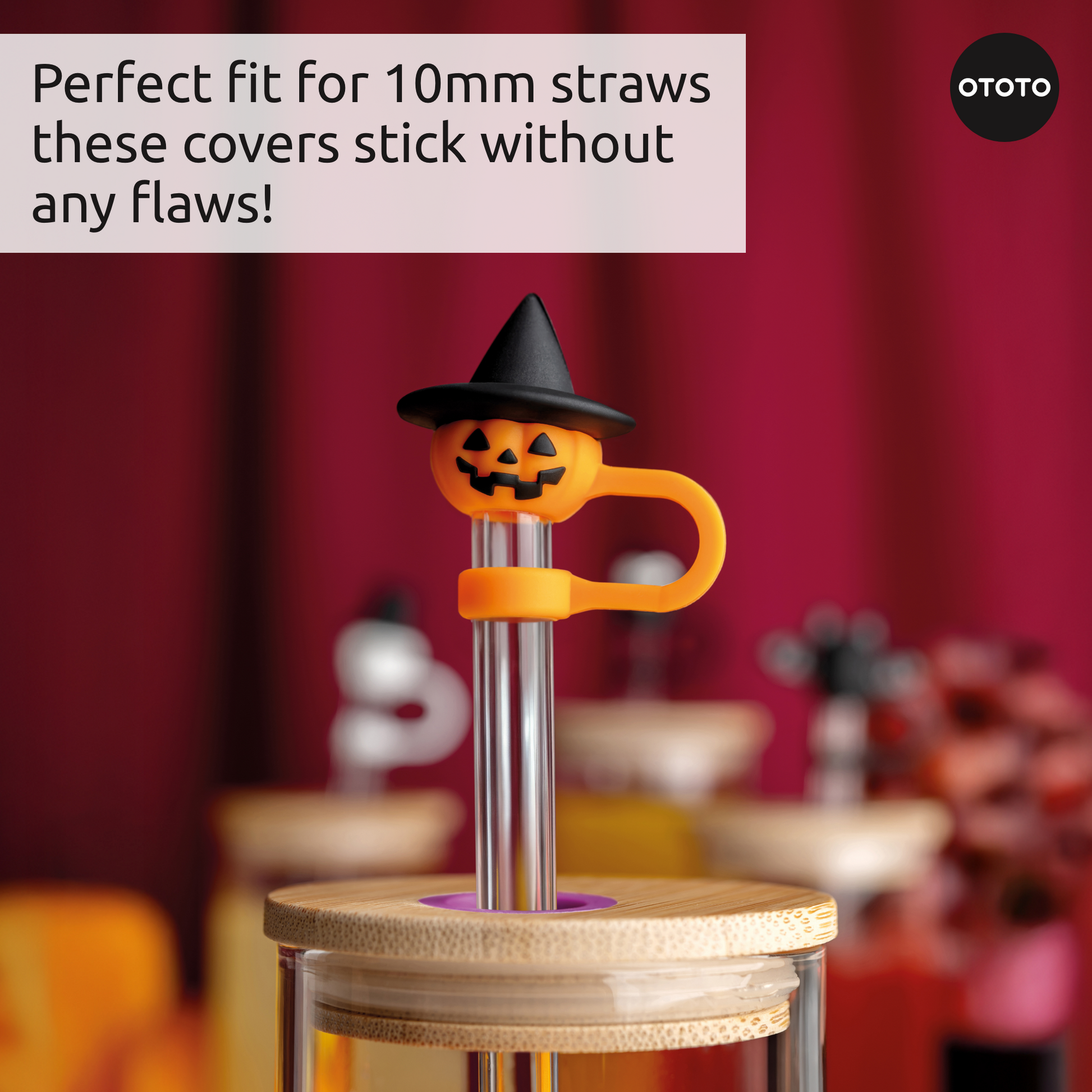The Boo Team pumpkin-shaped OTOTO straw cover with witch hat fits 10mm straws—Halloween fun!.