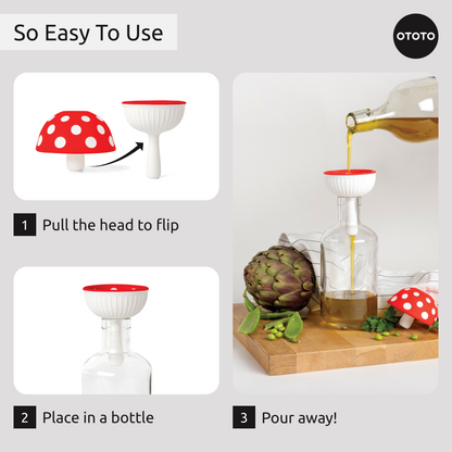 Three-step guide shows how to use OTOTO's Fungilicious funnel to pour liquid into a bottle.