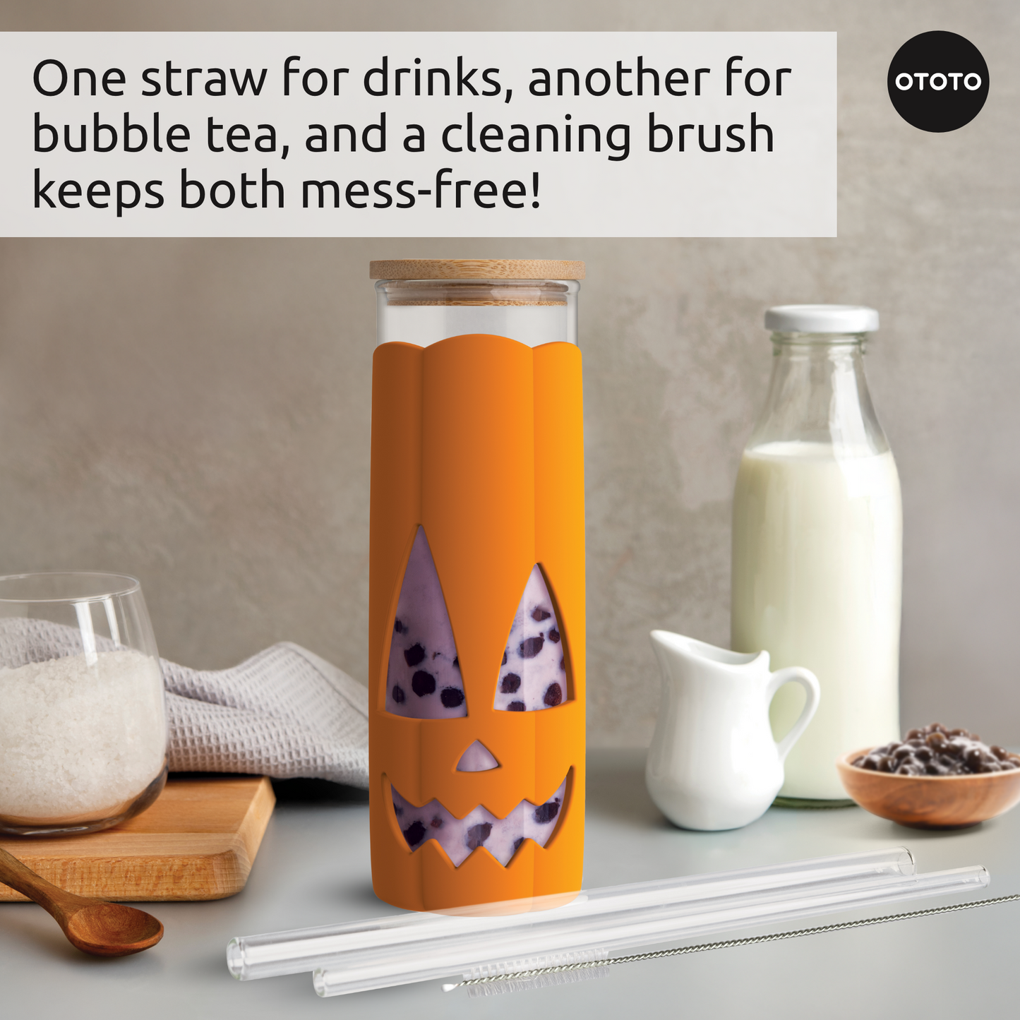 Jack-o-Cup: pumpkin spice-themed OTOTO tumbler with straws and brush, perfect for milk or bubble tea.