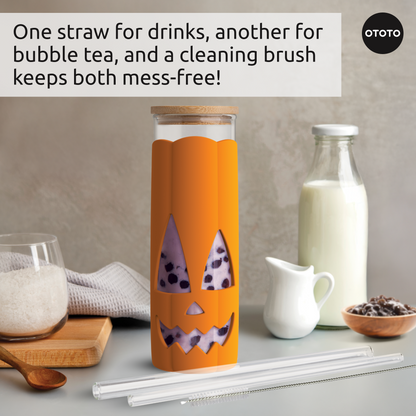 Jack-o-Cup: pumpkin spice-themed OTOTO tumbler with straws and brush, perfect for milk or bubble tea.