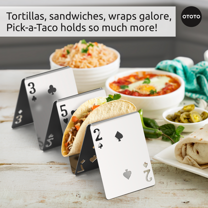 Pick-a-Taco card-themed holders prop up wraps, with rice and salsa dishes in the background.
