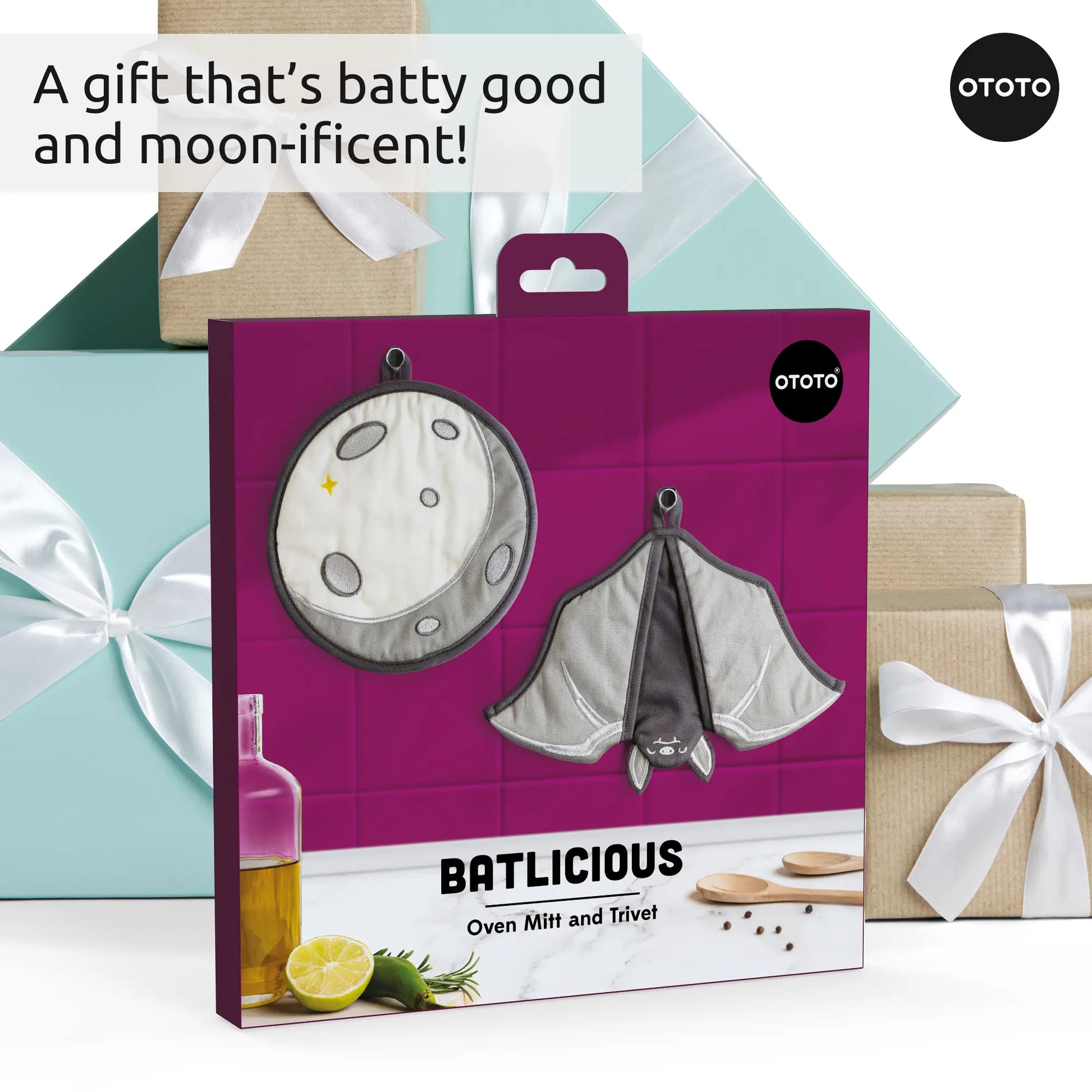Batlicious gift set: gothic oven mitt (bat-shaped) and moon trivet by presents.