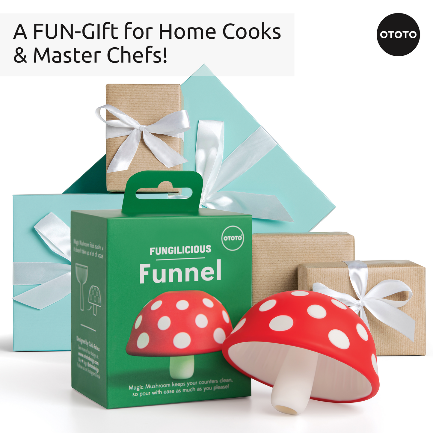 Fungilicious red mushroom foldable kitchen funnel by OTOTO in front of FUN-Gift boxes for chefs.