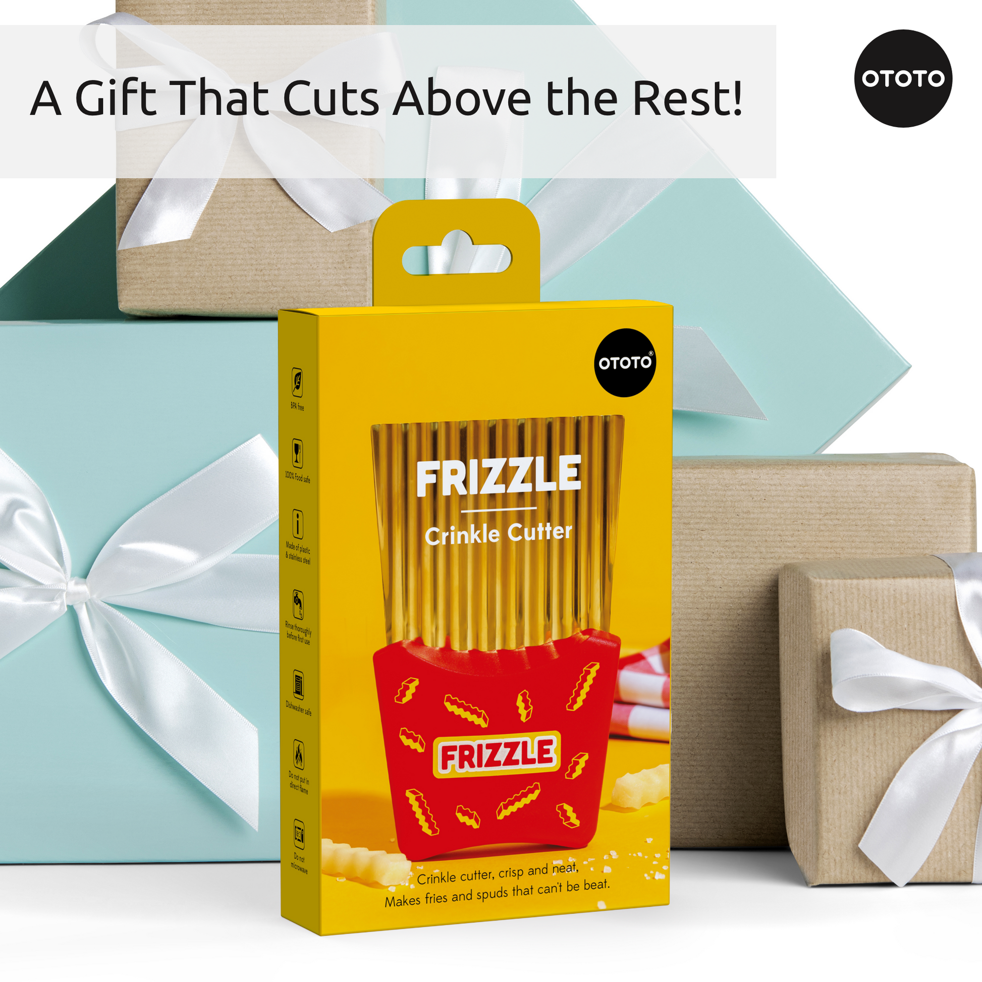 Yellow Frizzle crinkle fry cutter box in front of blue and brown gift boxes with white ribbons.