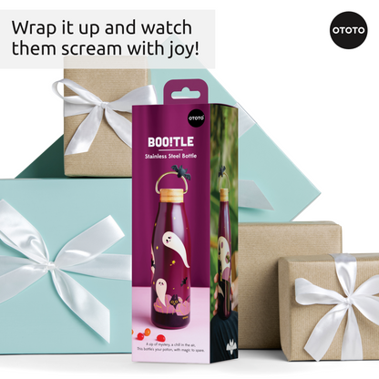 Four wrapped gift boxes and an OTOTO Boo!tle insulated water bottle with Halloween ghost design.