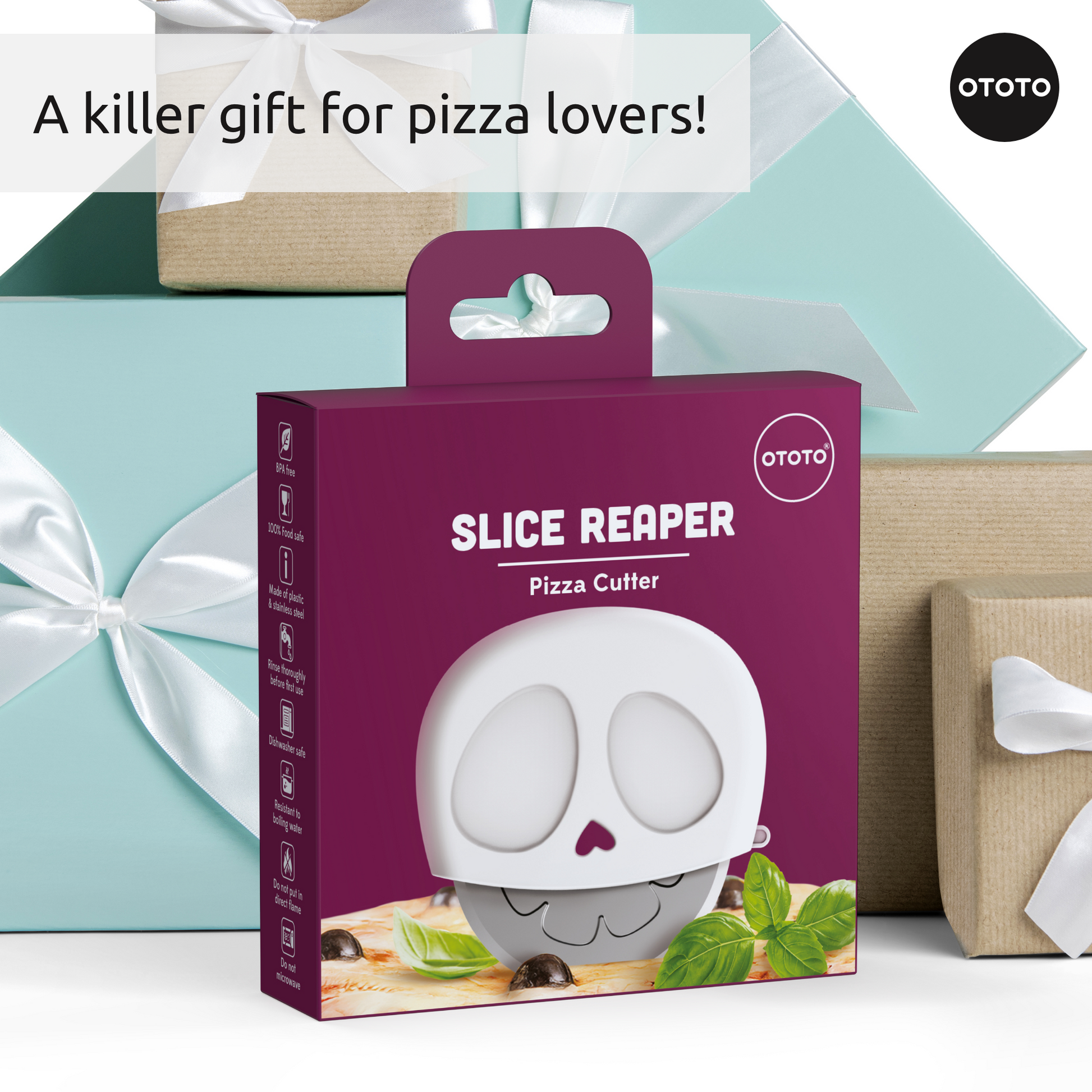 A boxed Slice Reaper pizza cutter sits among pastel blue and brown wrapped gift boxes.