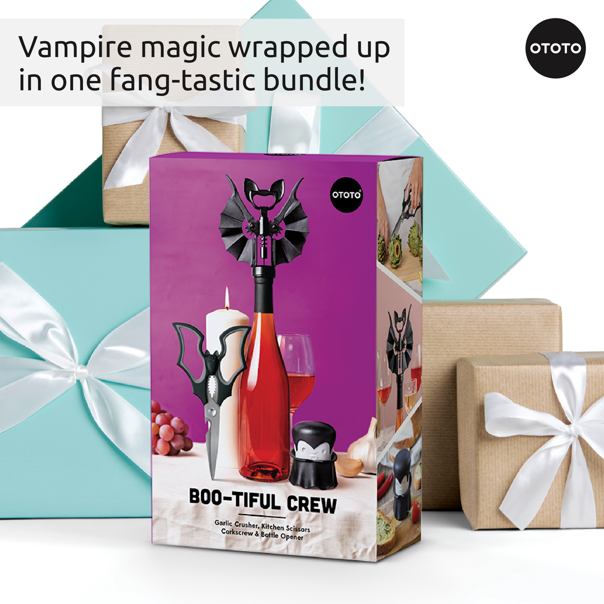 A gift box set of OTOTO’s Boo-tiful Crew vampire kitchen gadgets, surrounded by silver-bowed gifts.