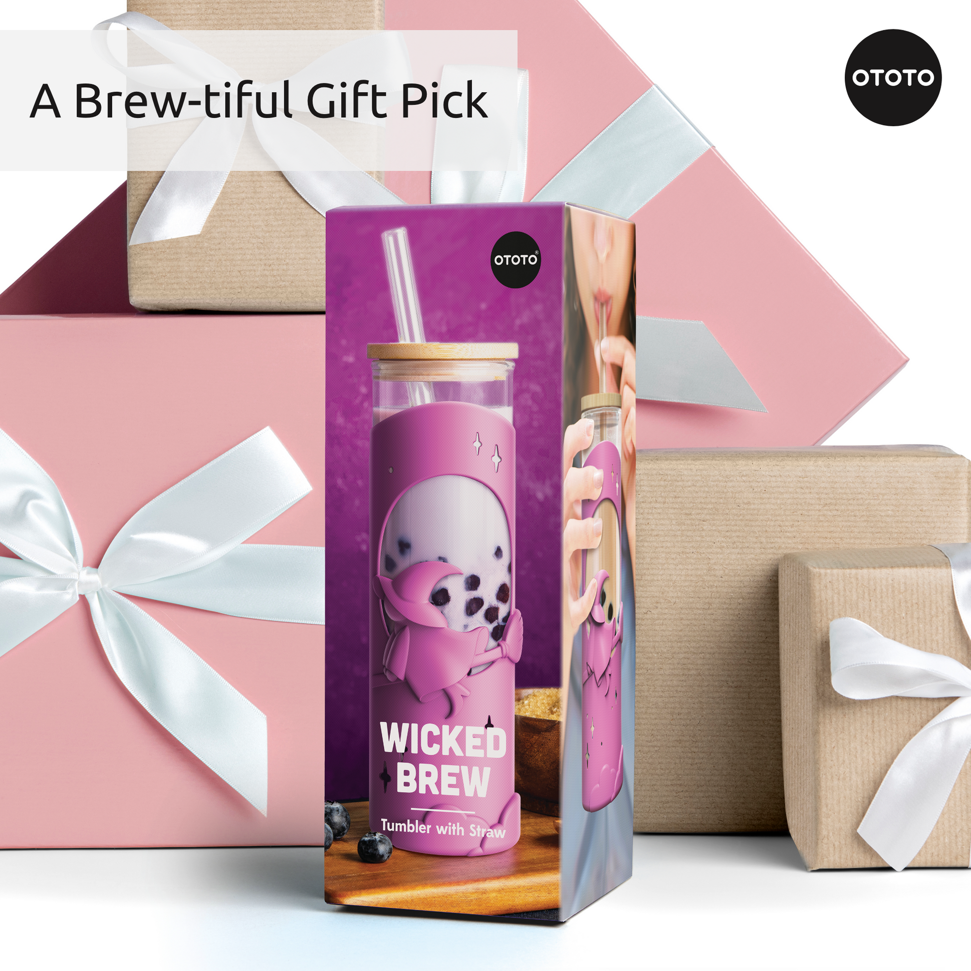 Gift box with a Wicked Brew tumbler by OTOTO, surrounded by pink and brown presents with white ribbons.