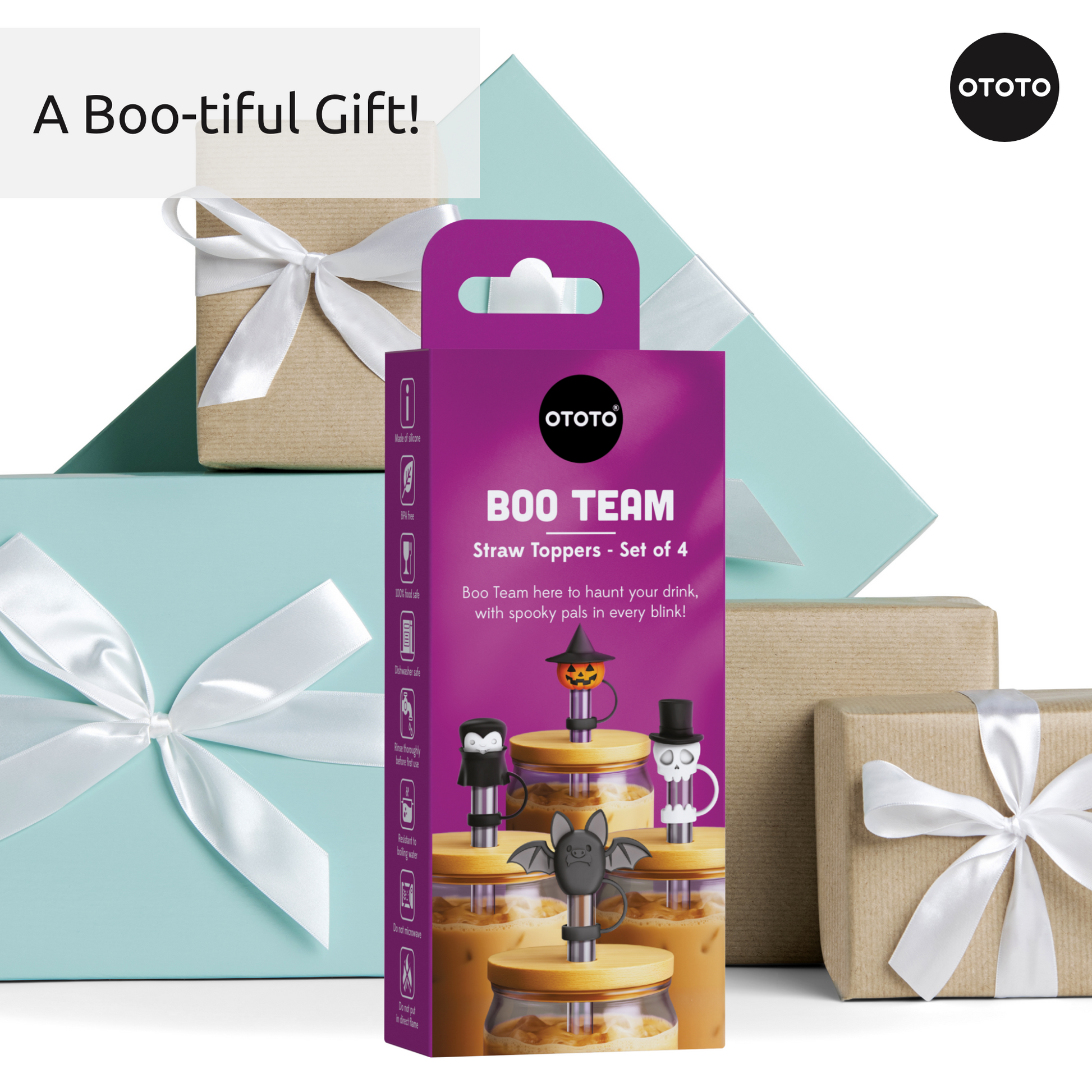 A gift box of OTOTO Boo Team Halloween straw toppers, surrounded by blue and brown presents.