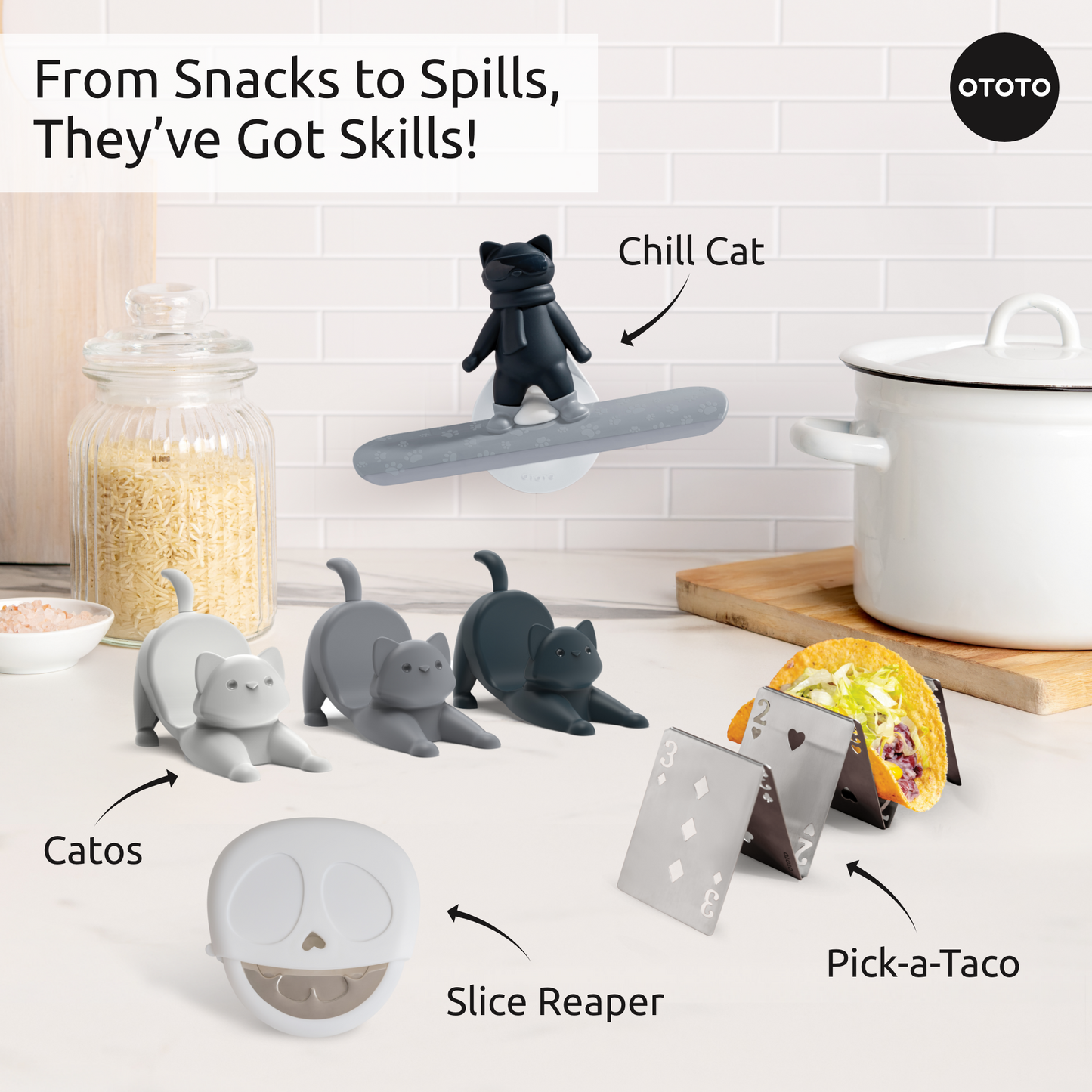 Kitchen counter with Catos cat taco holders, playful kitchen accessories, and a skull-shaped slicer.