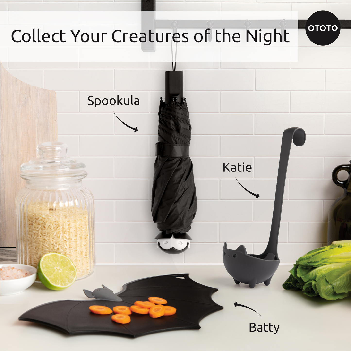 OTOTO Boo-tiful Crew kitchen tools shaped like cats and bats—Spookula, Katie, and Elizabat.