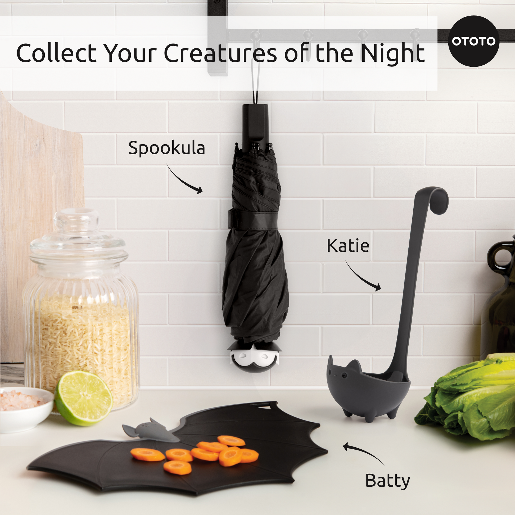 OTOTO Boo-tiful Crew kitchen tools shaped like cats and bats—Spookula, Katie, and Elizabat.