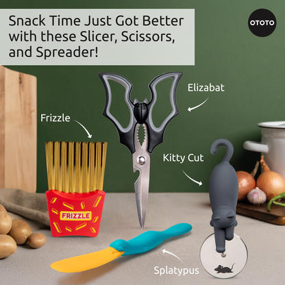 Frizzle kitchen tools: potato cutter, stick slicer, cat peeler & platypus pizza cutter on a counter.