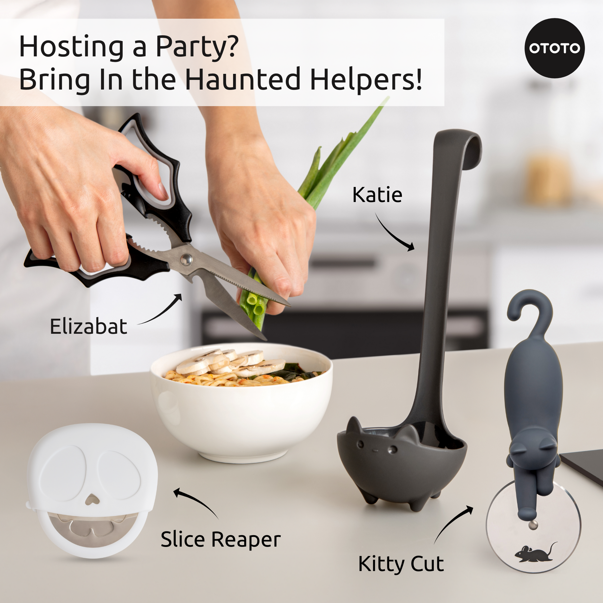 A hand cuts green onions over soup; OTOTO's Slice Reaper, a quirky pizza cutter, joins the scene.