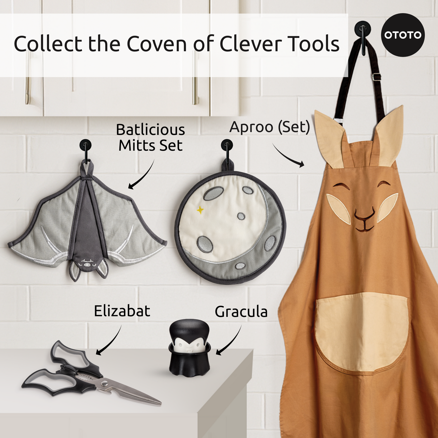 Batlicious adds gothic charm with a bat oven mitt, moon pot holders, and vampire garlic crusher.