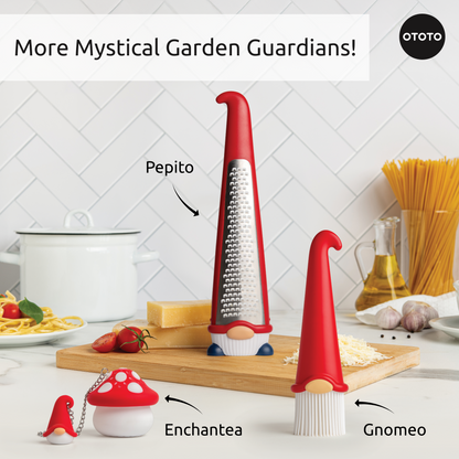 The Forest Trio—gnome dish brush and mushroom fridge deodorizer—sit on a white counter.