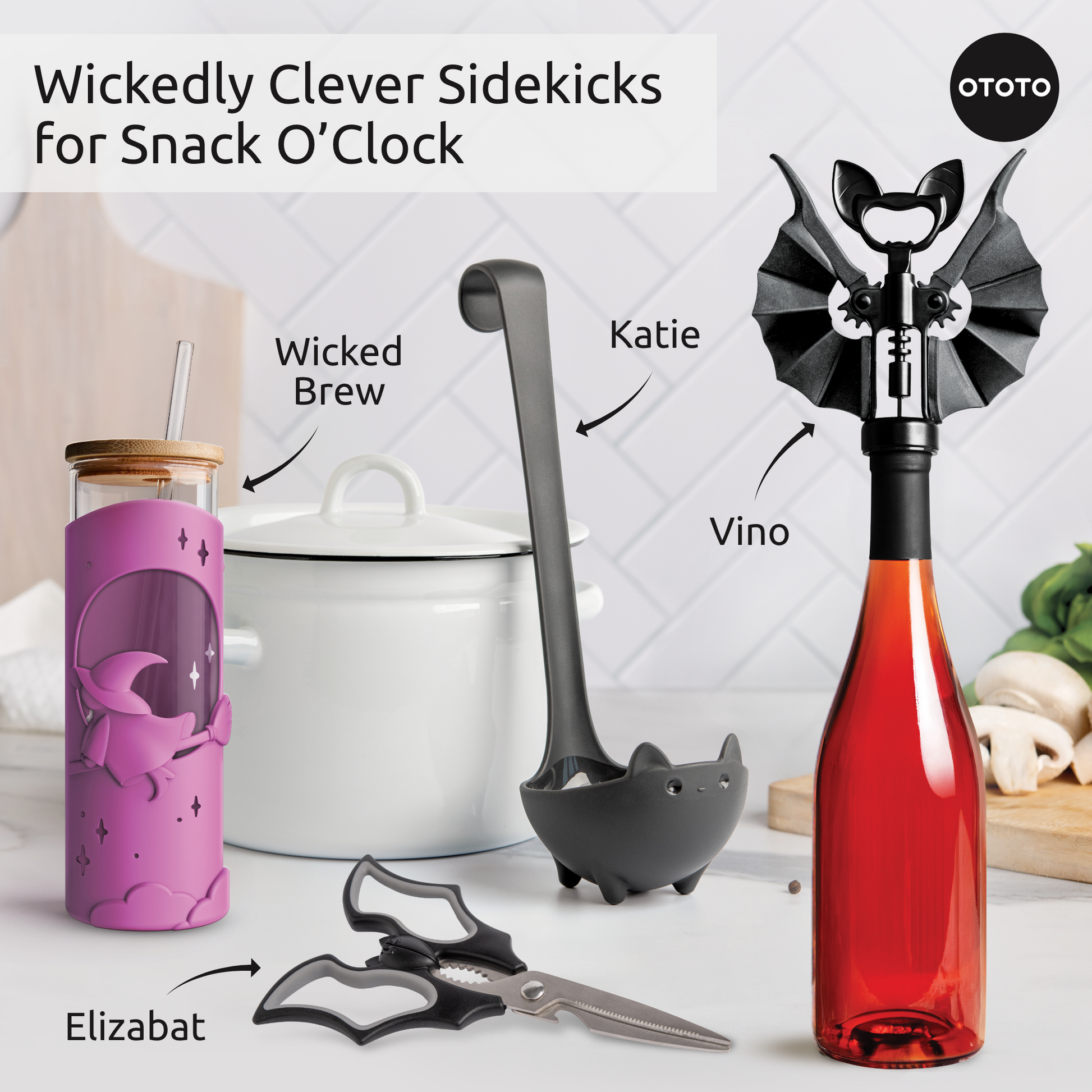 Wicked Brew tumbler and other fun OTOTO kitchenware on a labeled counter.