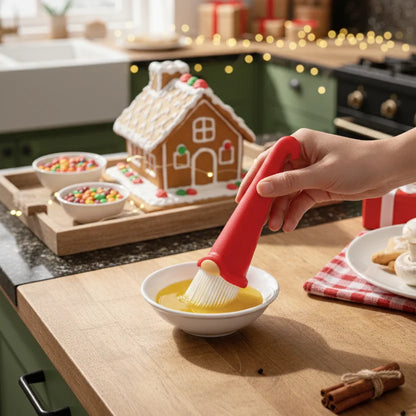A hand dips the OTOTO Gnomeo pastry brush into egg wash, with a gingerbread house behind.