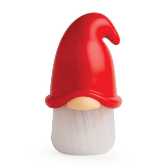 Gnomeo by OTOTO: a whimsical gnome toothpick dispenser with red hat and translucent white base.