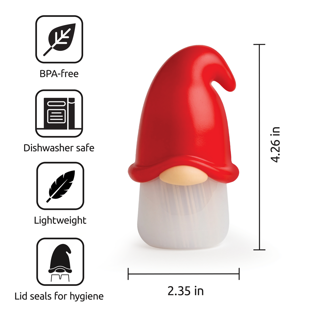 Gnomeo gnome toothpick dispenser by OTOTO—BPA-free, lightweight, hygienic, dishwasher safe.