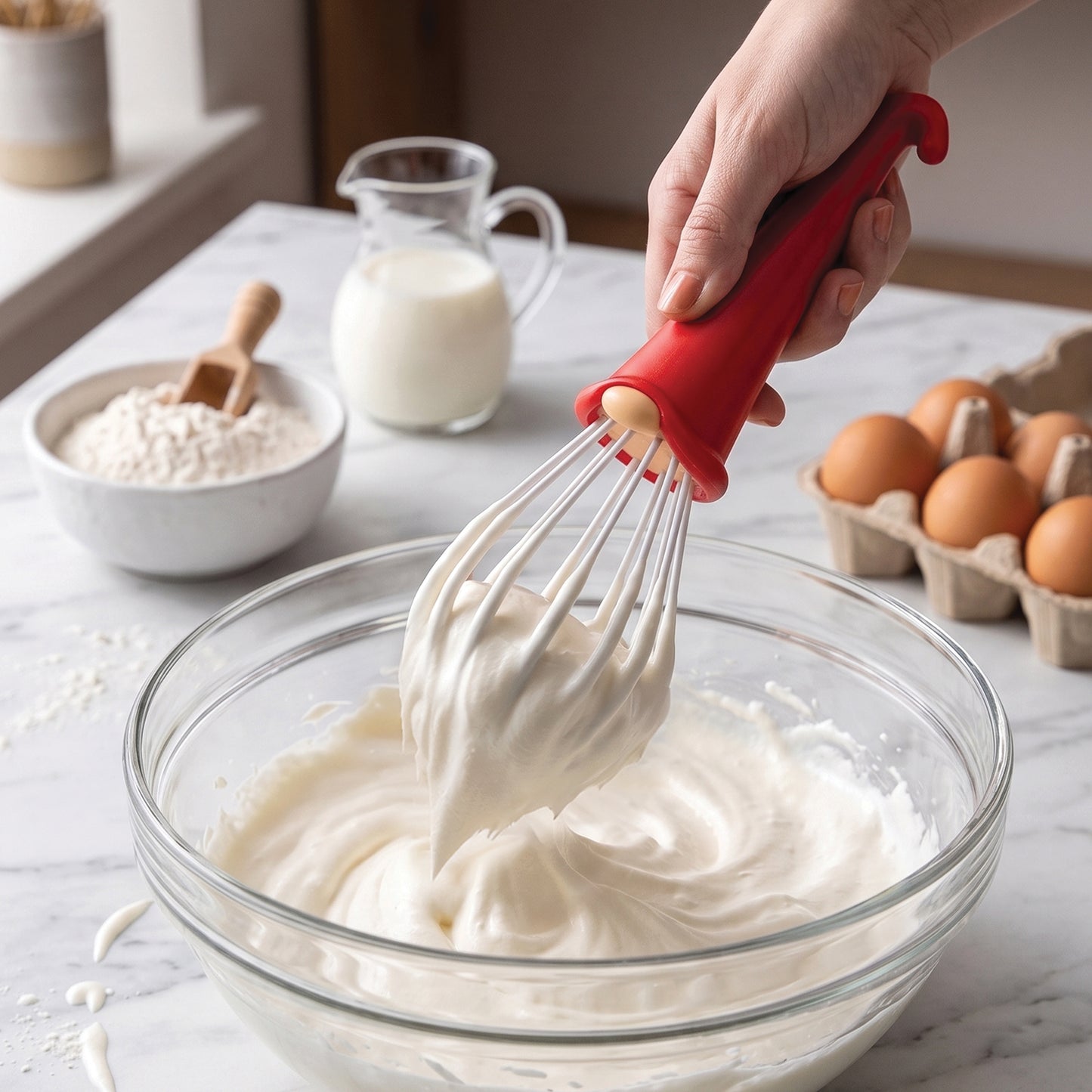 Gnomeo whisks creamy batter in a glass bowl with eggs, flour, and milk on the counter.