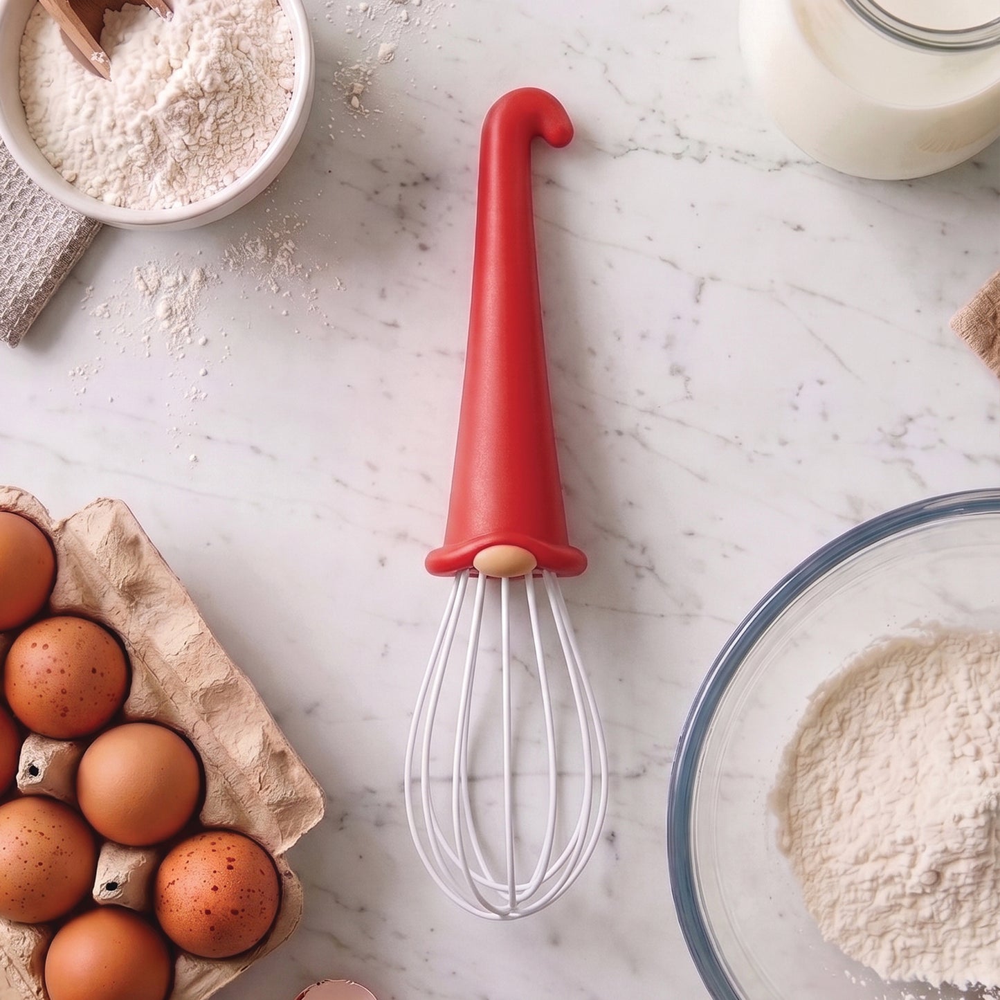 A red-handled Gnomeo whisk sits on a marble counter with eggs, flour, and a bowl of milk nearby.
