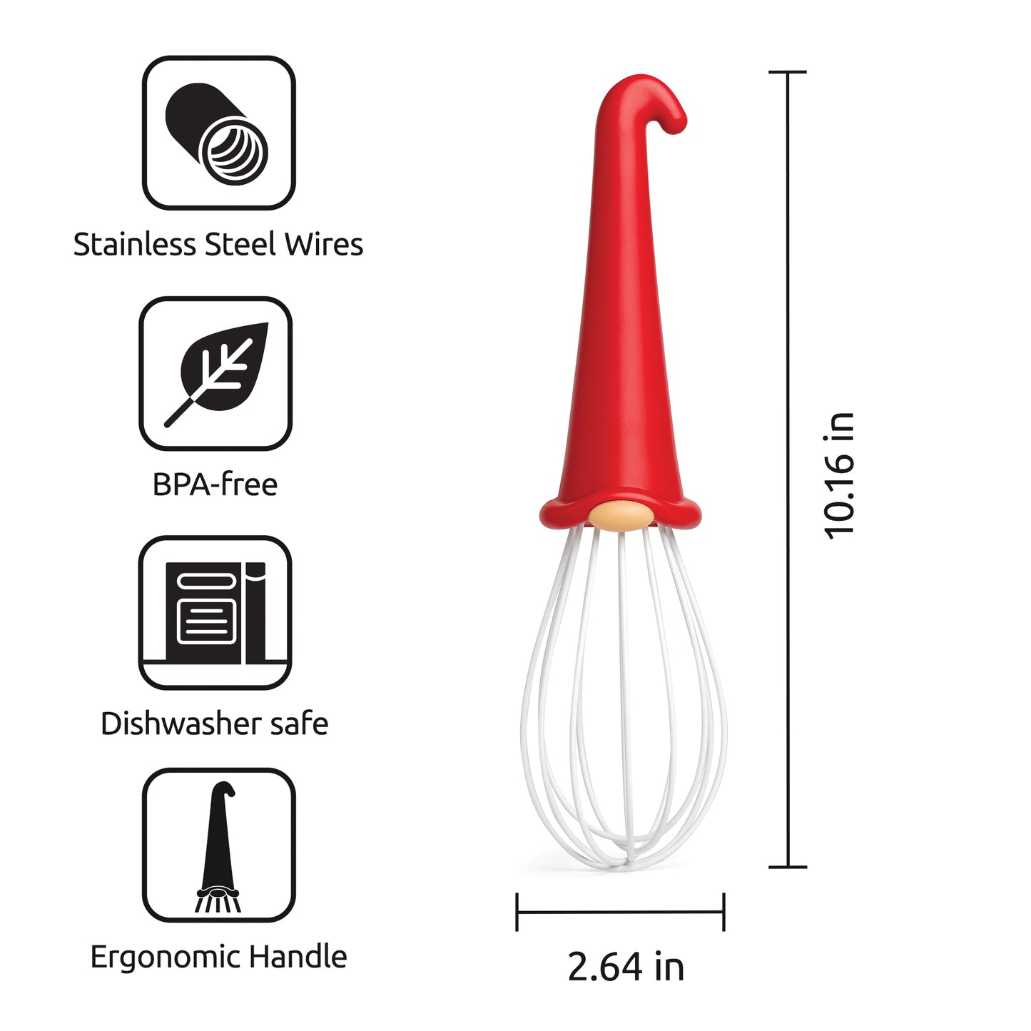 Gnomeo gnome whisk—your kitchen helper! Red handle, stainless steel wires, 10.16" tall.