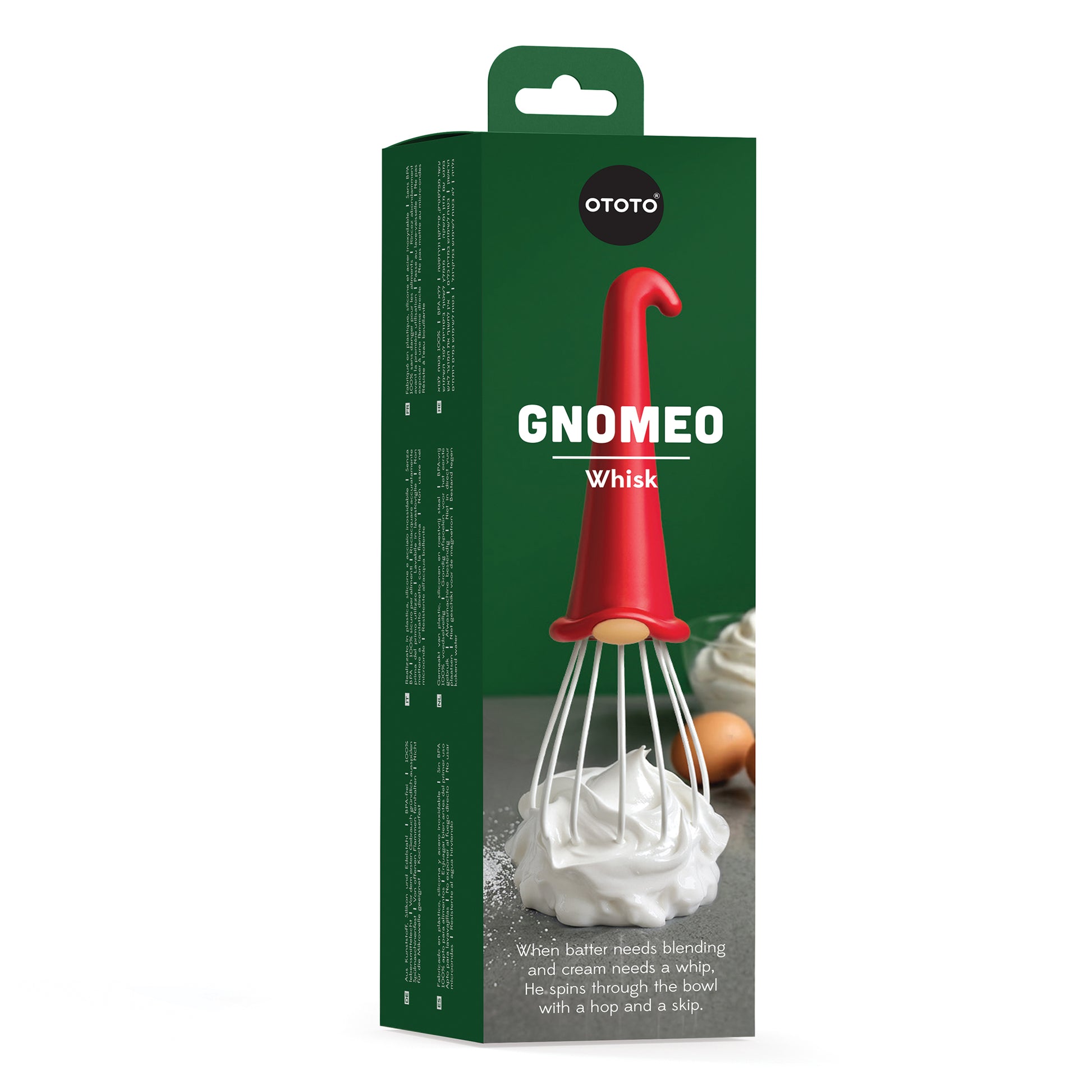 Gnomeo by OTOTO—a red gnome hat whisk that brings charm and fun to your kitchen tasks.