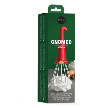 Gnomeo by OTOTO—a red gnome hat whisk that brings charm and fun to your kitchen tasks.