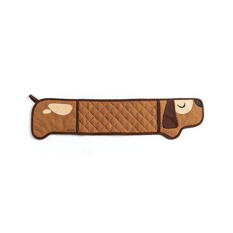 Quilted brown dog-shaped Hot-dog Mitts draft stopper by OTOTO on a white background.