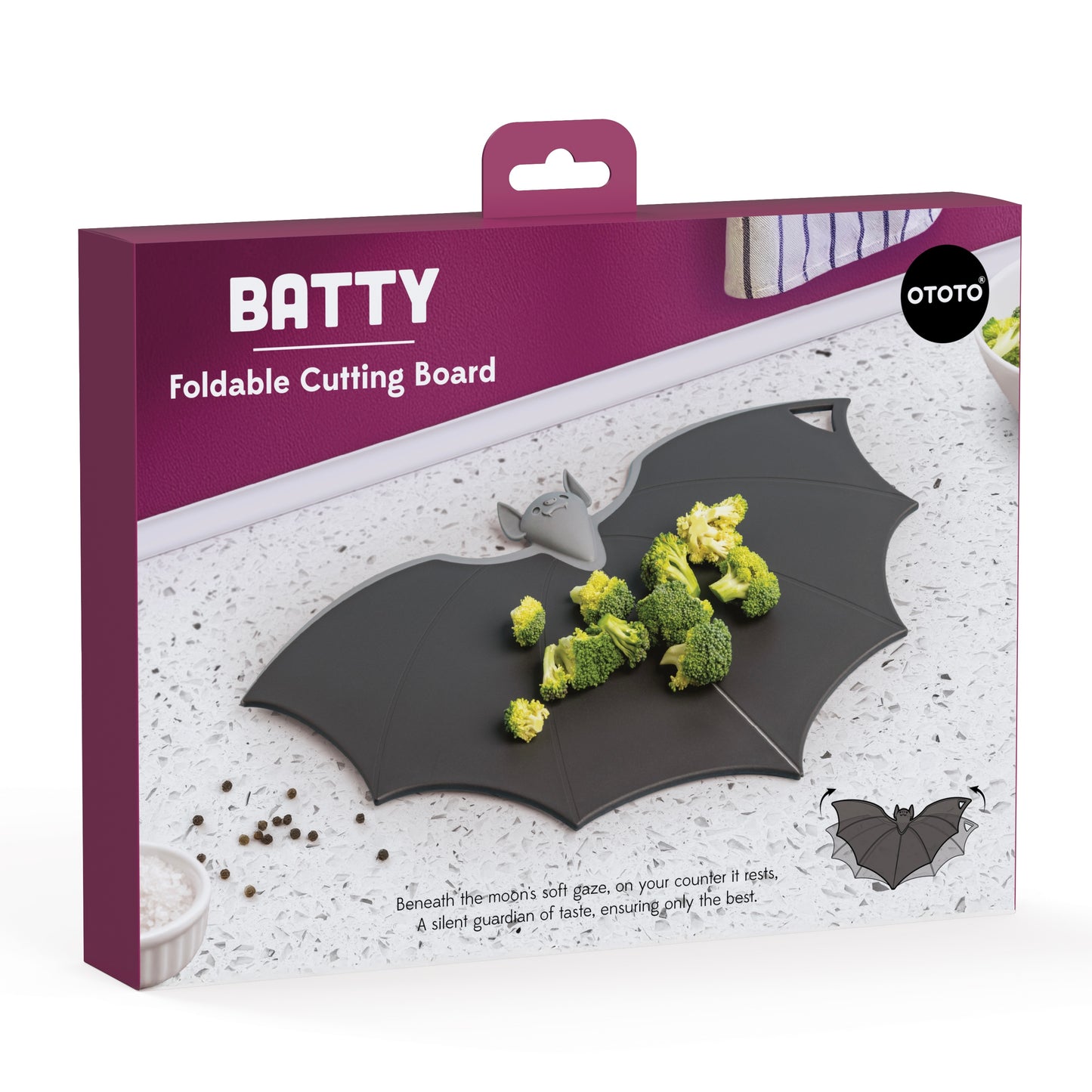 Batty bat-shaped chopping board with broccoli, perfect for a spooky-cute kitchen by OTOTO.