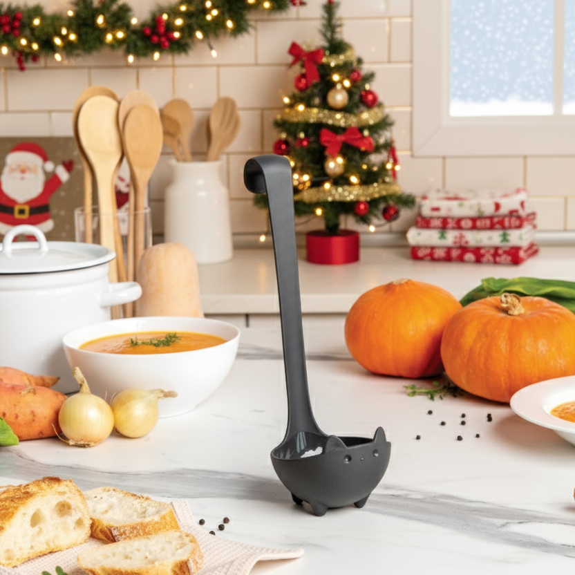 A Katie soup ladle stands on a Christmas kitchen counter with soup and pumpkins.