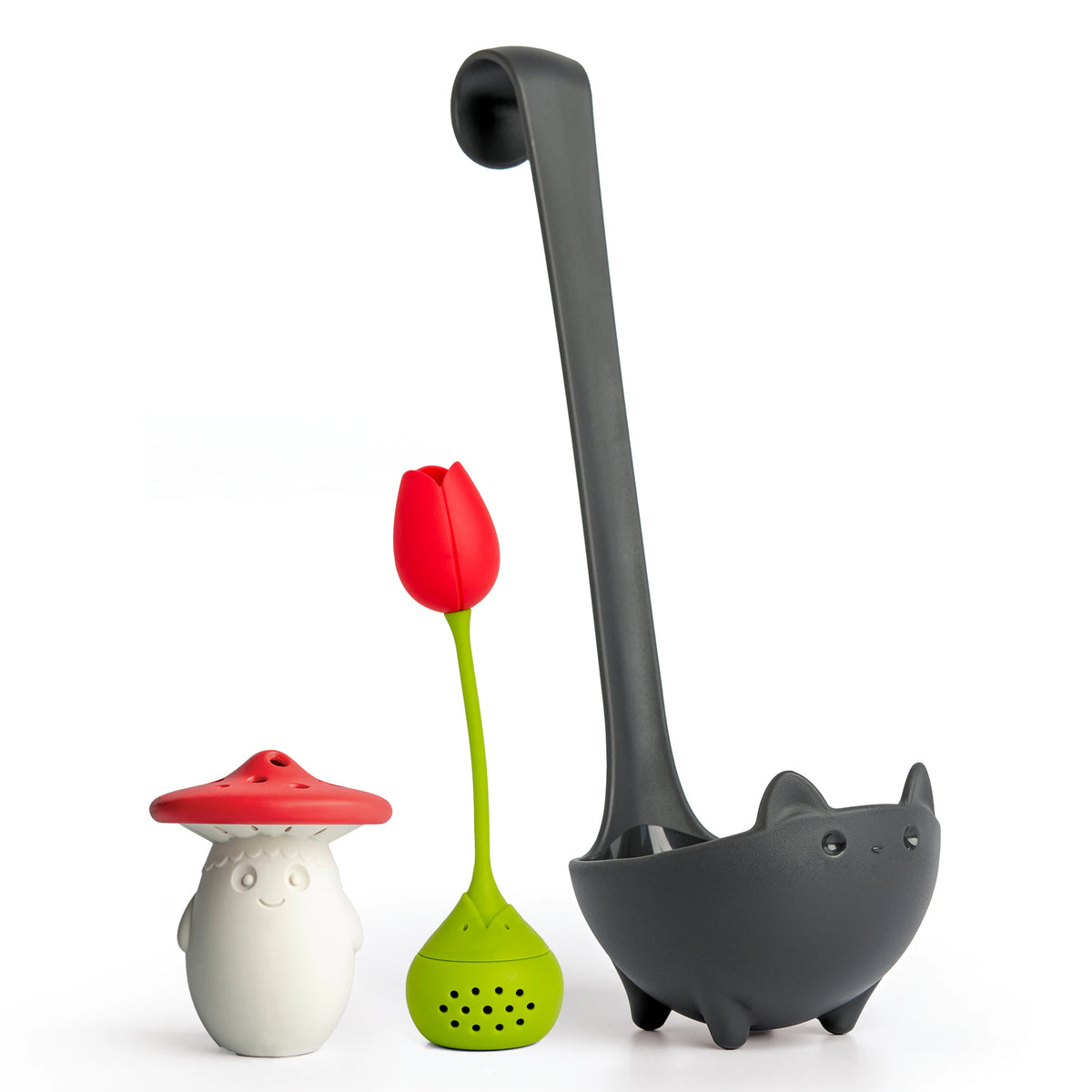 Charming OTOTO kitchen tools: Fun Guy shaker, Tulip infuser, and Katie ladle. Perfect Valentine’s trio!.