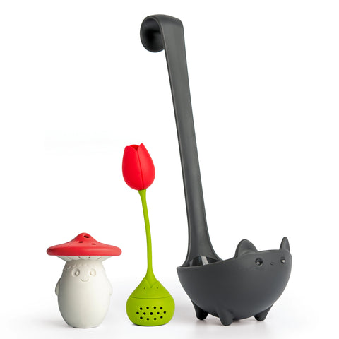 Charming OTOTO kitchen tools: Fun Guy shaker, Tulip infuser, and Katie ladle. Perfect Valentine’s trio!.
