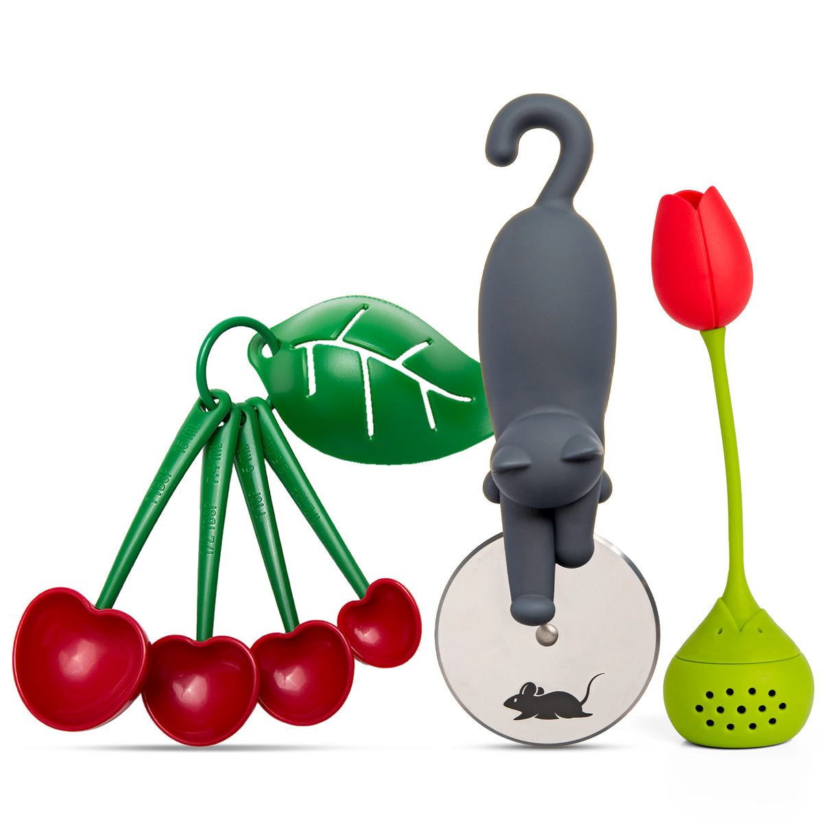 Kitchen gadgets: Mon Cherry spoons, leafy ring, Kitty Cut cutter, Tulip infuser.