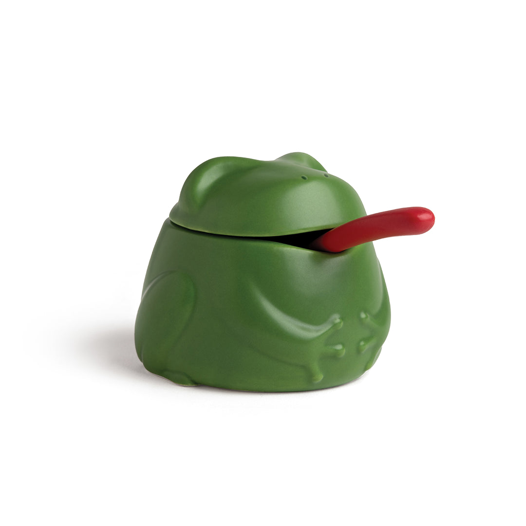 Lily: A green frog-shaped container with a lid and a red spoon that resembles a tongue.