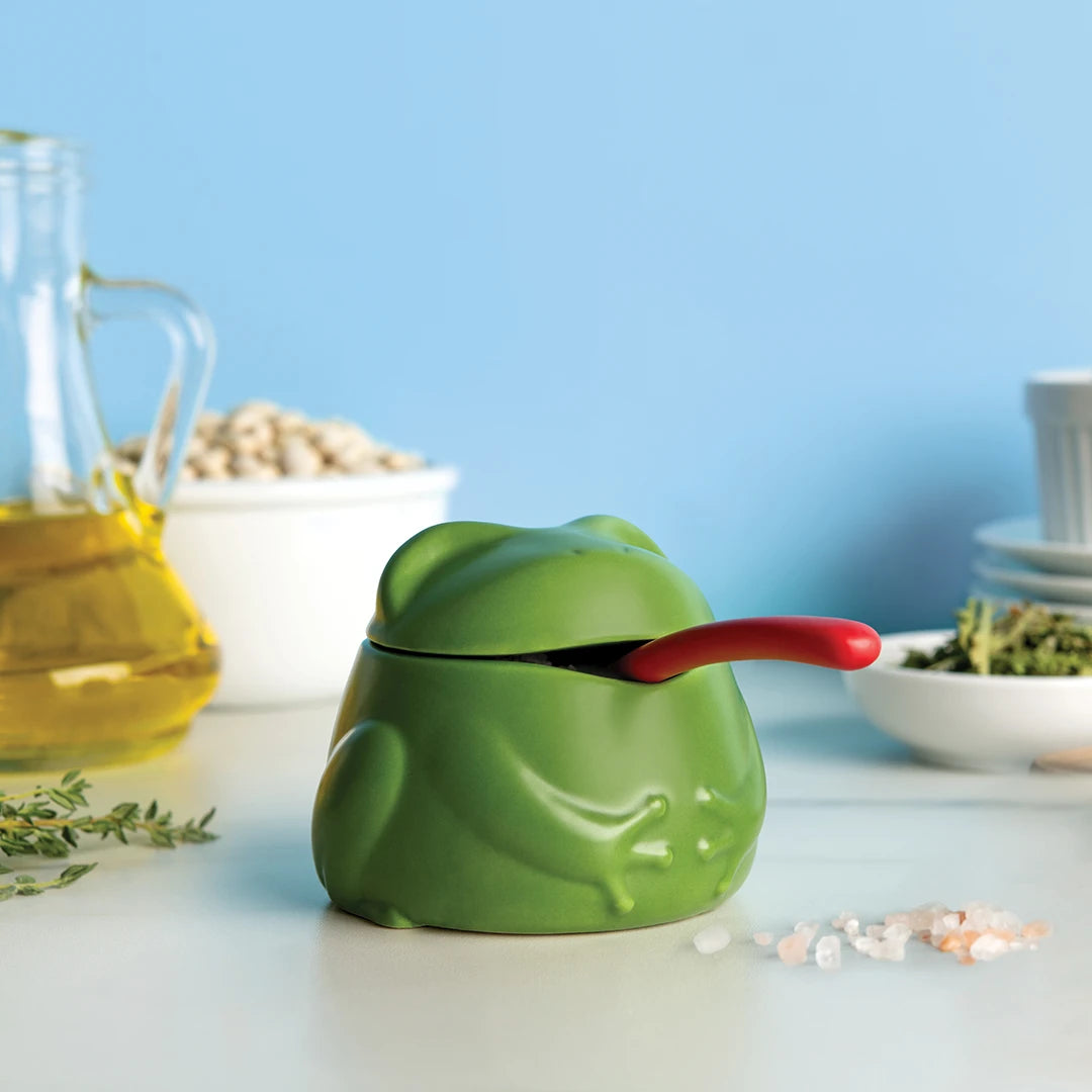 Lily frog-shaped container with a red ladle on a kitchen counter amid ingredients.