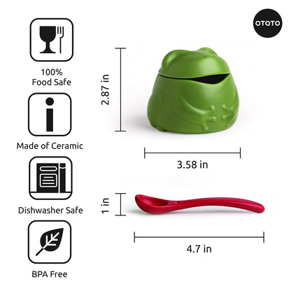 Lily: Green frog-shaped ceramic container with red spoon, dimensions and features listed on the side.