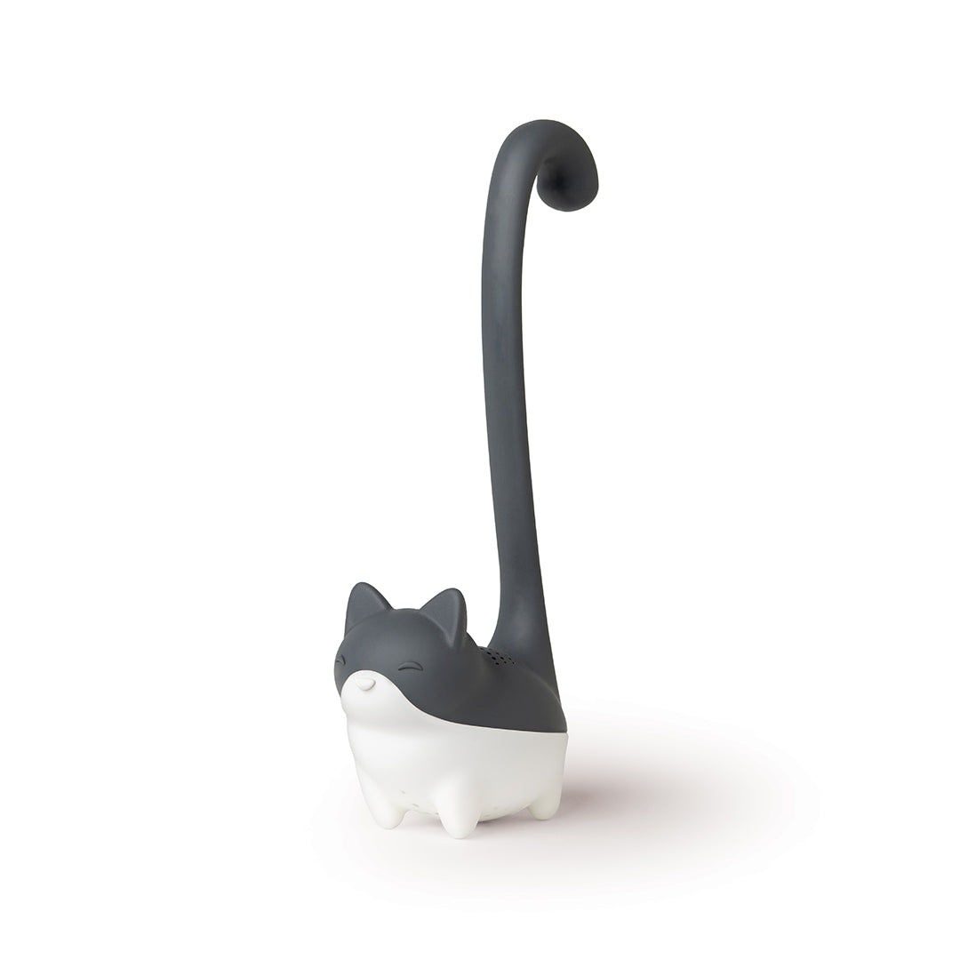 Louie is a gray and white cat-shaped tea infuser with a long, curved tail handle.