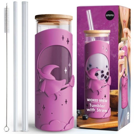 The Wicked Brew is a pink OTOTO tumbler with witch motif, glass straw, brush, and packaging.