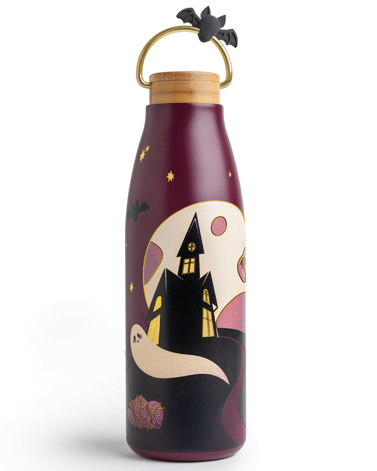 The Boo!tle is a maroon OTOTO insulated water bottle with a haunted house, ghost, bats, and moon design.