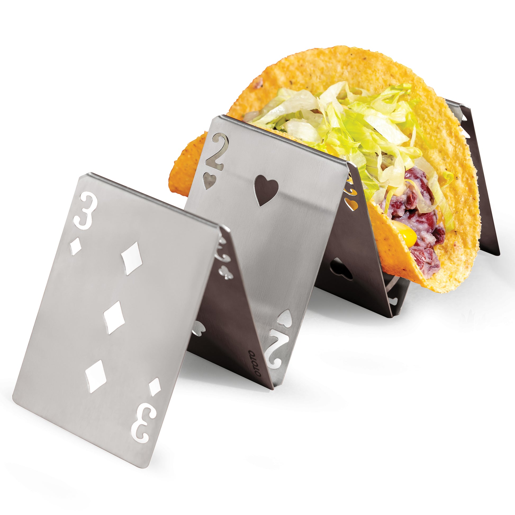 A taco in a Pick-a-Taco holder set, shaped like playful OTOTO card-themed playing cards.