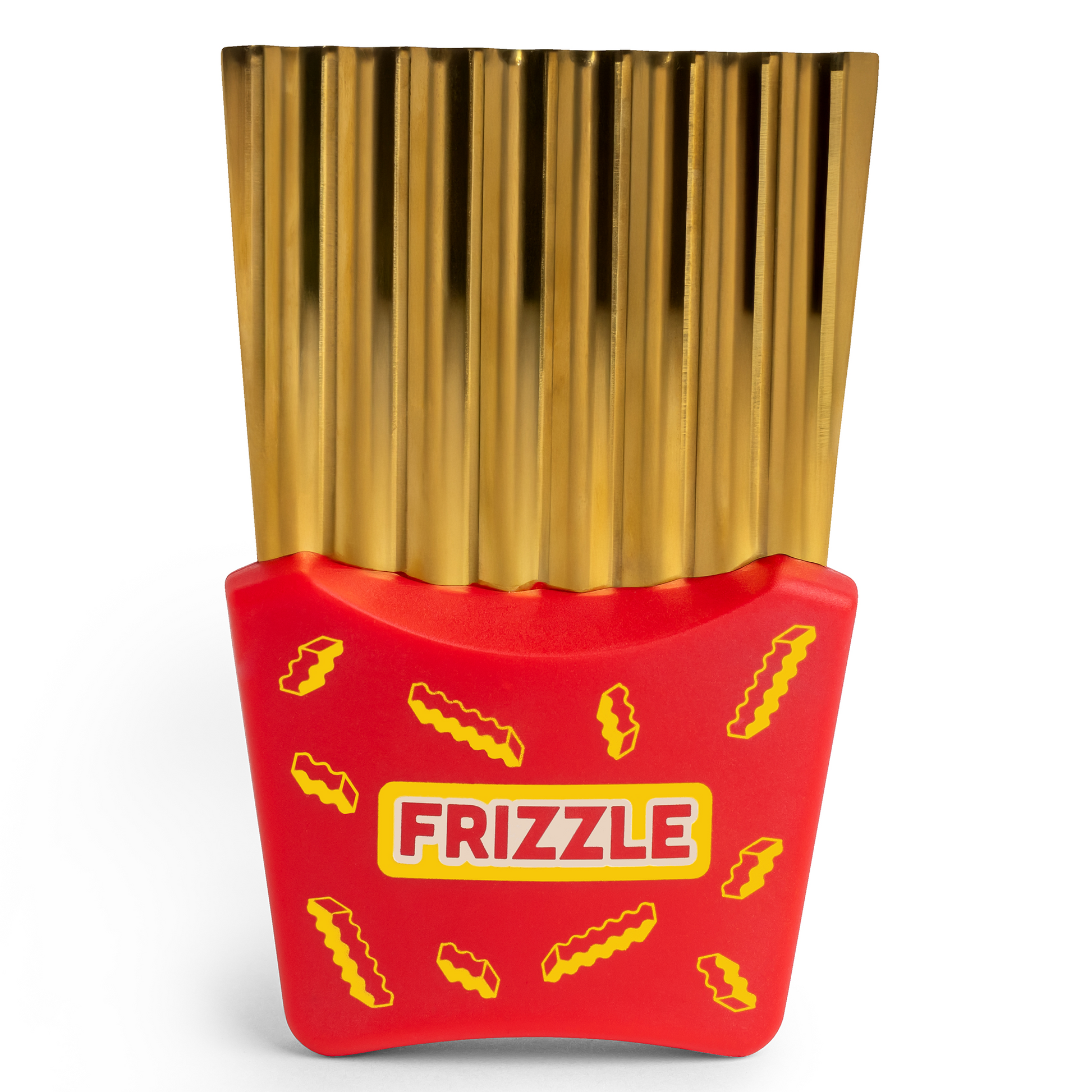 A red and gold toy named Frizzle, shaped like a crinkle fry cutter with wavy yellow accents.
