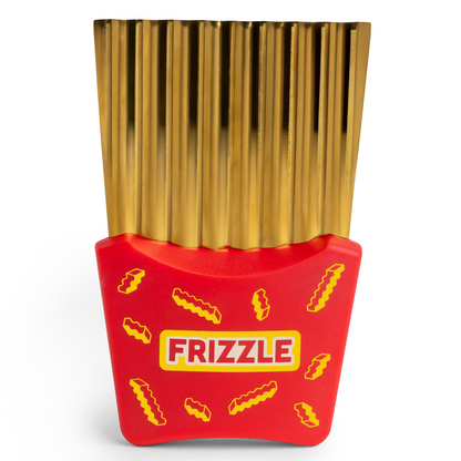 A red and gold toy named Frizzle, shaped like a crinkle fry cutter with wavy yellow accents.