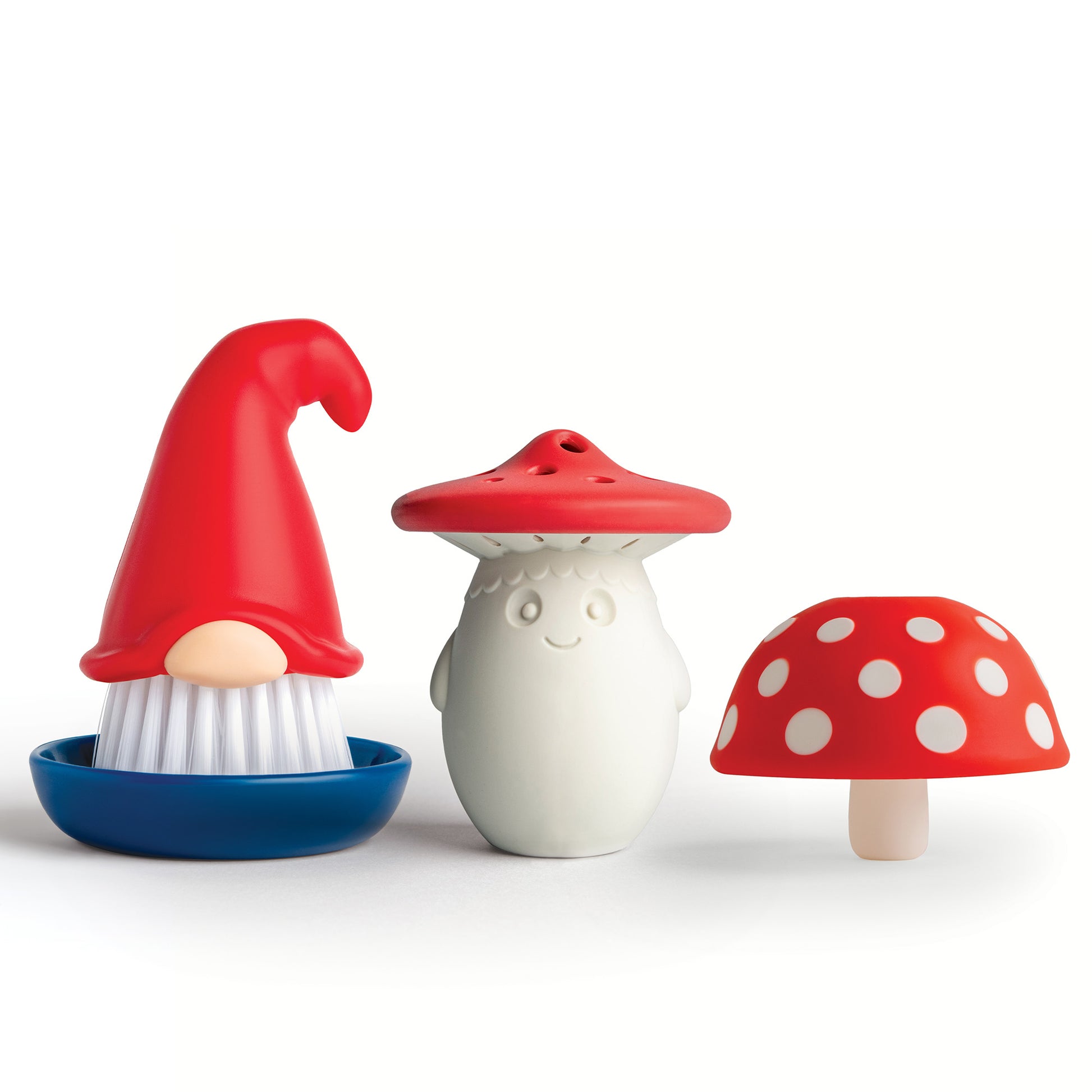 Forest Trio: Set of three whimsical dish brushes shaped as a gnome, mushroom person, and red mushroom.