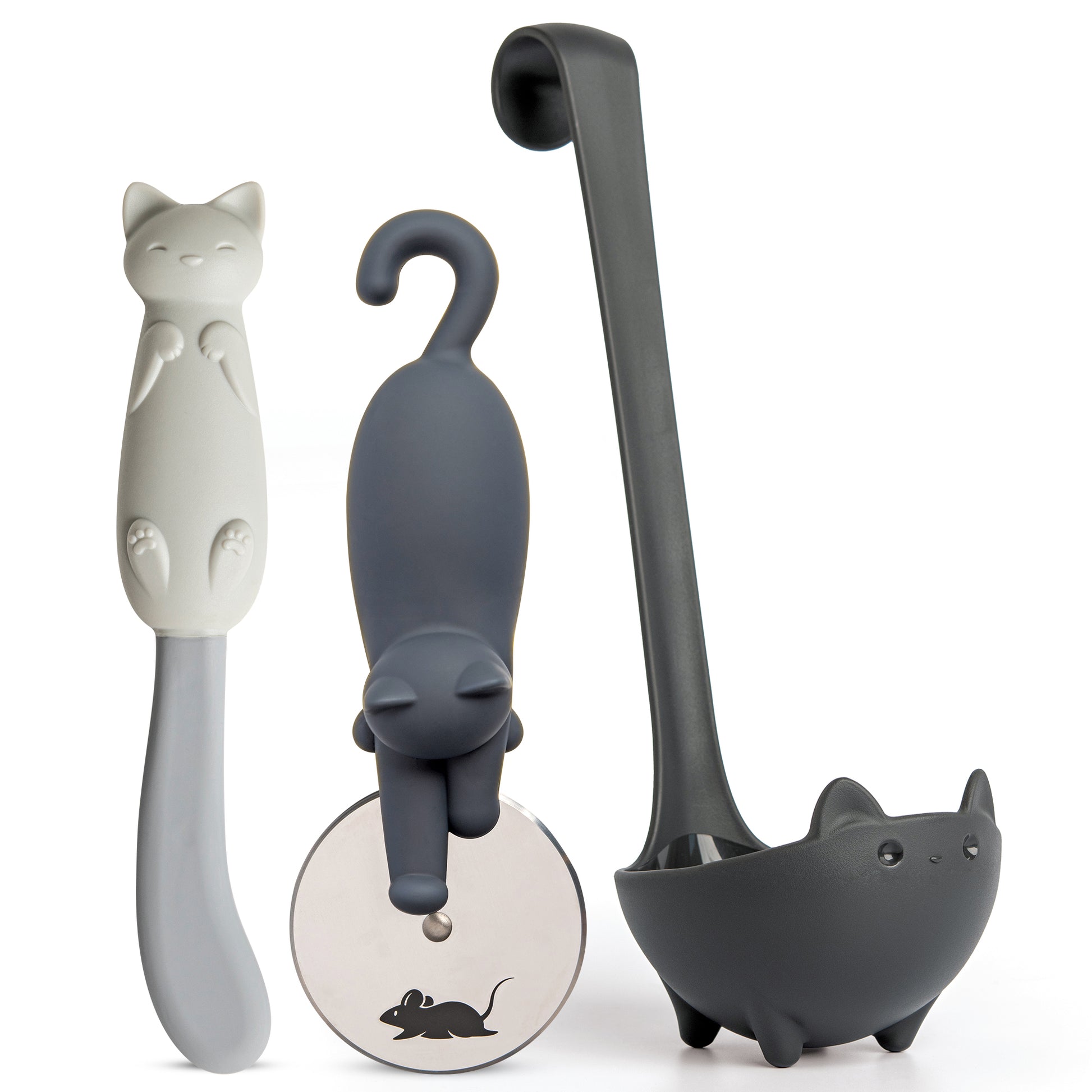 Muscateers: three cute cat-shaped utensils—a jar scraper spatula, pizza cutter, and soup ladle.