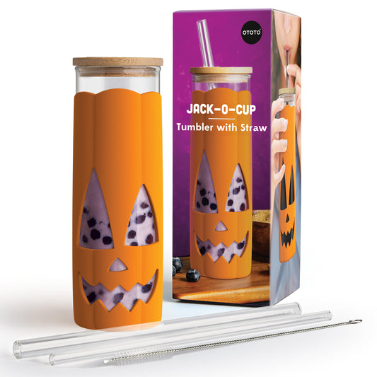 Jack-o-Cup: Tall tumbler with Jack-o-lantern sleeve, bamboo lid & glass straw—ideal for pumpkin spice!.