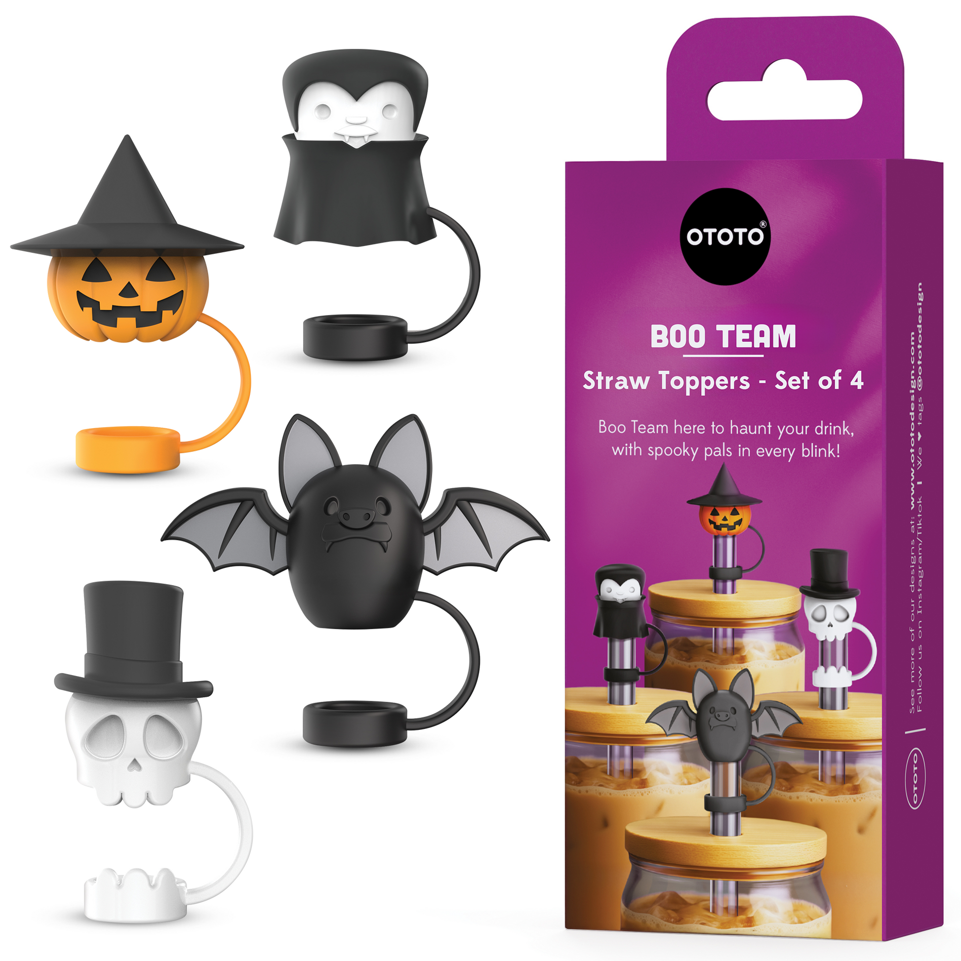 Set of four OTOTO Boo Team straw toppers: pumpkin, vampire, bat & skull, includes packaging.