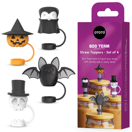 Set of four OTOTO Boo Team straw toppers: pumpkin, vampire, bat & skull, includes packaging.