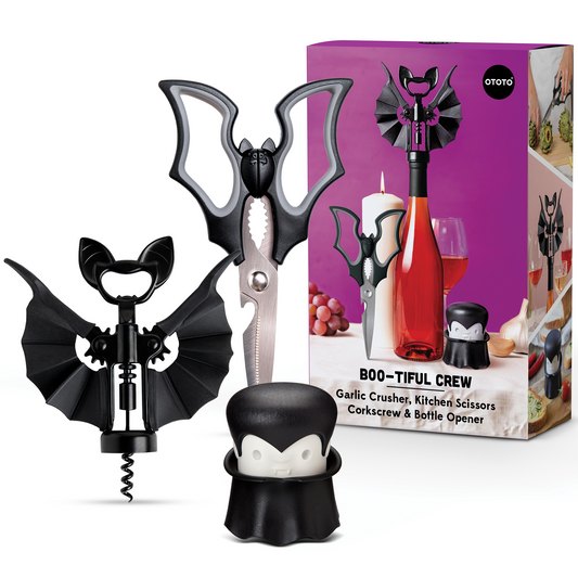 OTOTO's Boo-tiful Crew: Halloween kitchen tools—bat scissors, corkscrew & bottle opener.